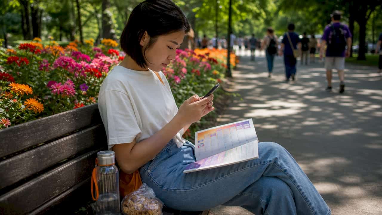Woman using app and printed schedule at café