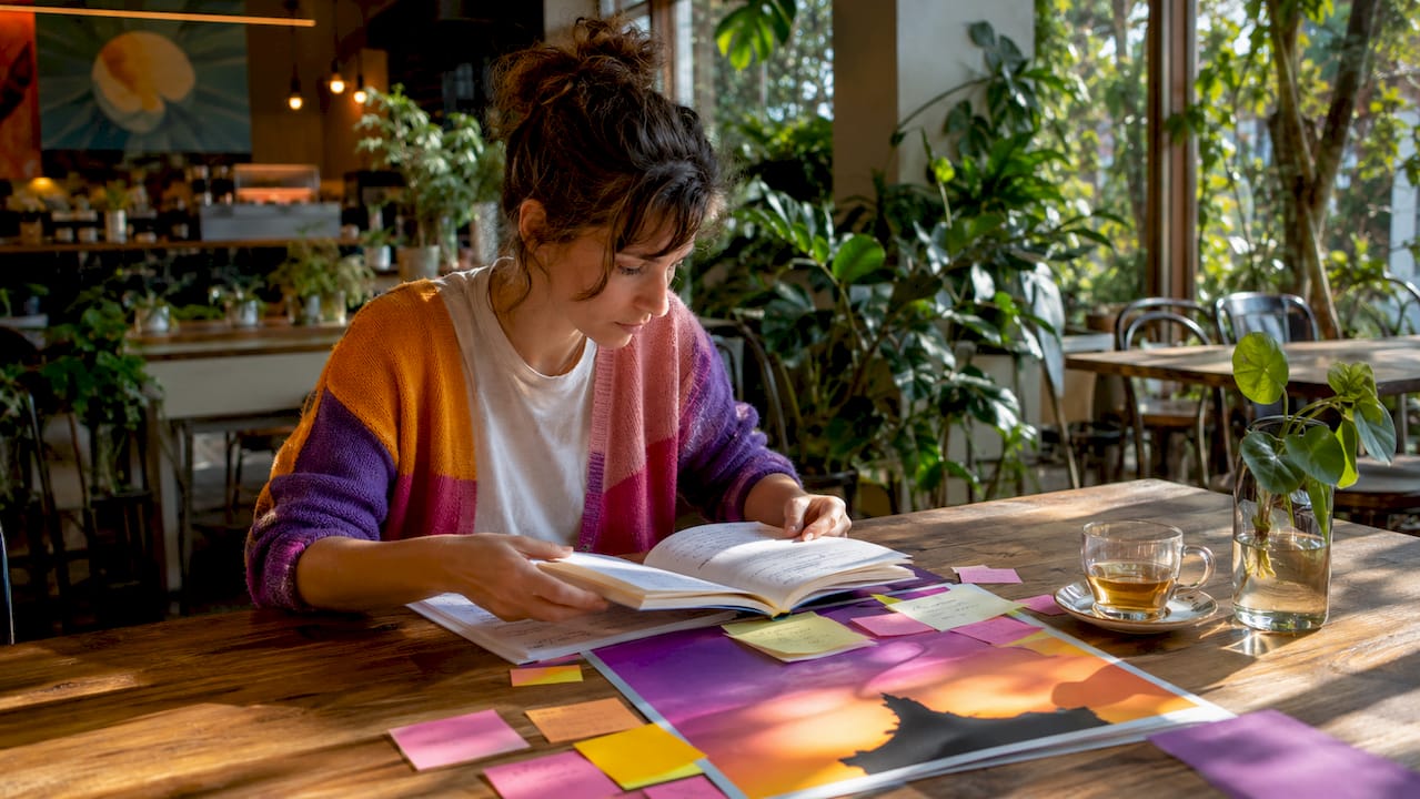 Film programmer reviewing printed schedules at desk