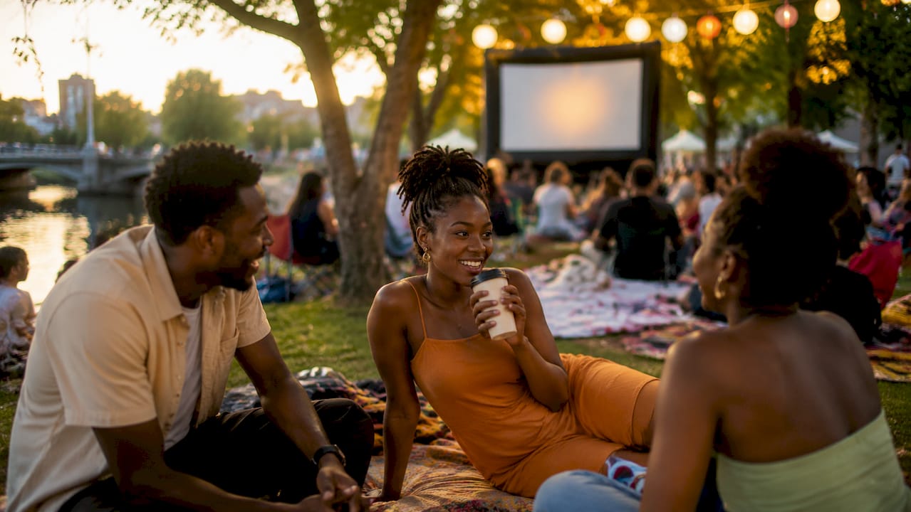 Group enjoying free outdoor cinema screening