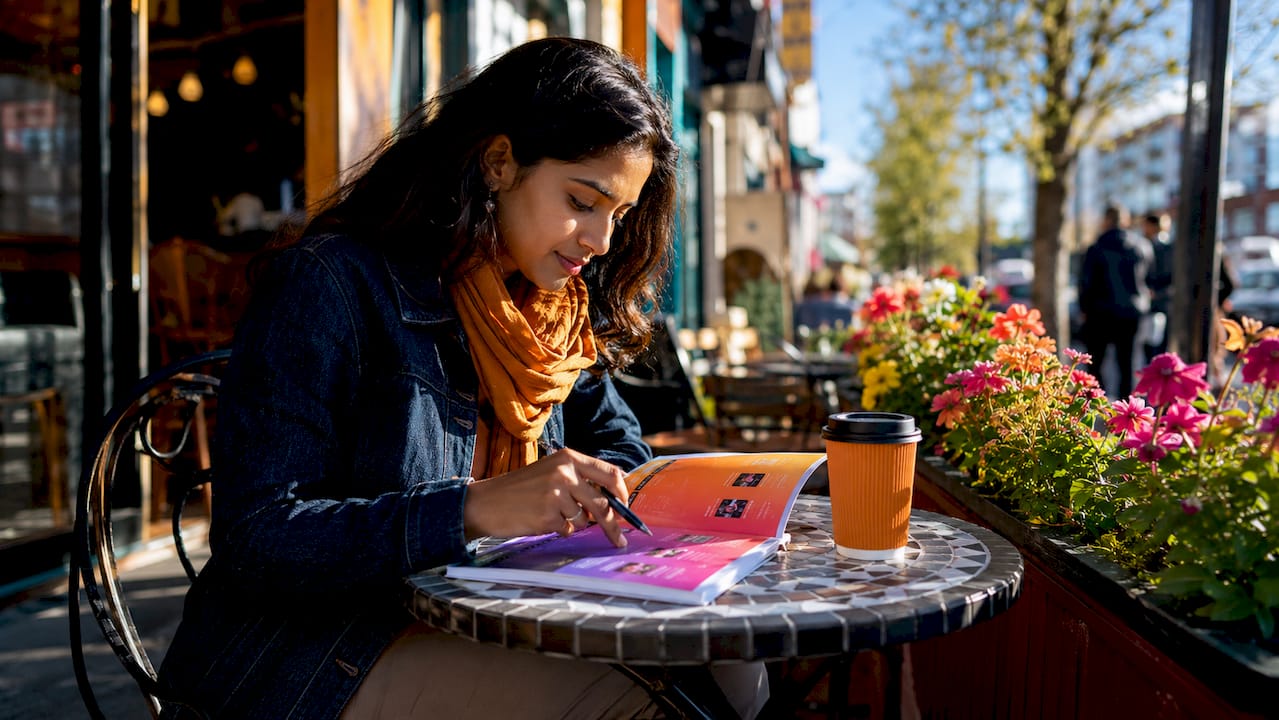 Woman planning films at café table