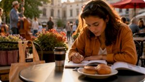 Woman planning film festival schedule in café