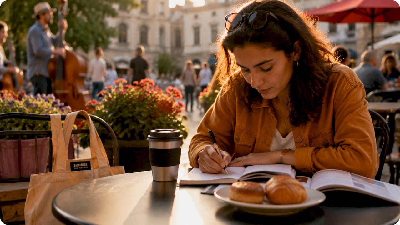 Woman planning film festival schedule in café