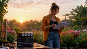 Filmmaker reviewing independent film script at desk