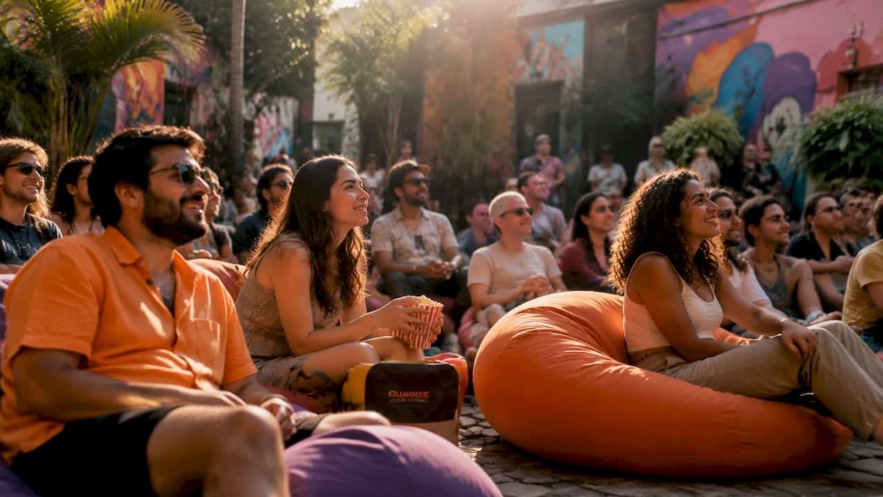 Audience watching fringe film festival in warehouse