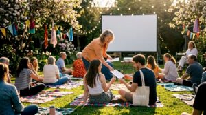 Community film screening attendees settling in